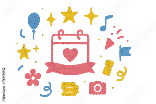 Colorful celebration elements in a playful design highlighting love and fun activities