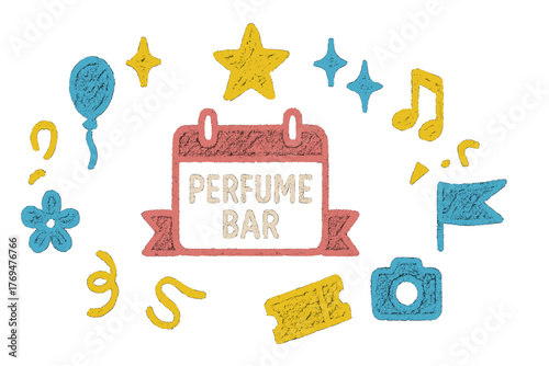 Colorful design with various icons for a perfume bar event celebrating creativity and uniqueness with music and fun activities