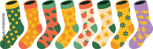Variety of Colorful Socks with Fun Patterns Polka Dots, Strawberries, Flowers, and Animals