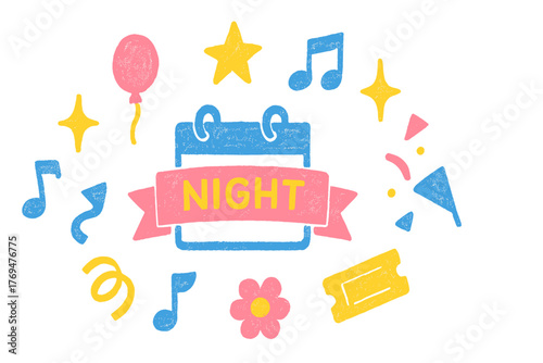Colorful celebration items depicting a festive night event with music, balloons, and decorations in a playful style suitable for invitations