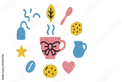 Colorful doodles of a cup, cookies, and leaves create a fun cafe atmosphere with playful shapes and vibrant colors
