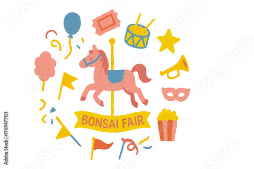 Colorful bonsai fair design featuring a carousel horse, festive elements, and playful icons celebrates joy and fun at a carnival