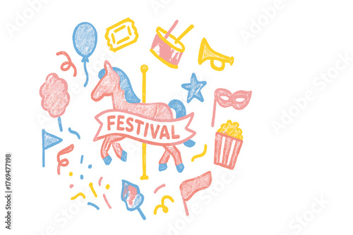 Colorful festival illustration featuring a carousel horse surrounded by fun elements and decorations