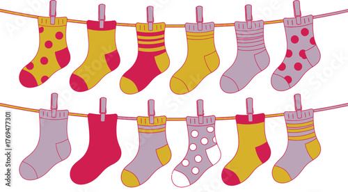 Whimsical Laundry Line Colorful Socks Hanging with Clothespins, Illustration of Cute, Mismatched Designs
