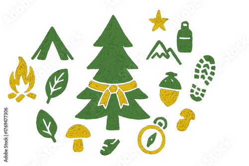Nature themed icons showcasing camping, hiking, and outdoor activities with a focus on trees, mountains, and wildlife elements