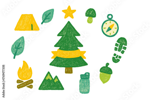 Crafting a fun outdoor adventure scene with nature elements such as trees, mountains, and camping gear for a creative illustration