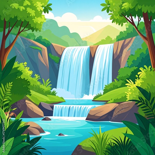 Cartoon Jungle Landscape with a Scenic Waterfall