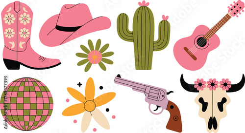 Whimsical Western Illustration with Pink Cowboy Boot, Guitar, Cactus, and Skull