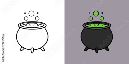 Black cauldron with bubbling green potion in flat outline and colored style for Halloween vector illustration