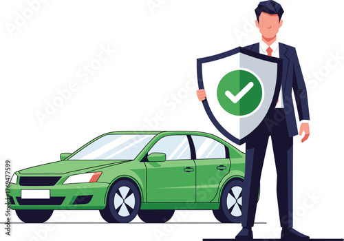 Businessman with shield and green sedan car symbolizing auto insurance, vehicle safety, protection, approval, security, assurance, and reliability concept