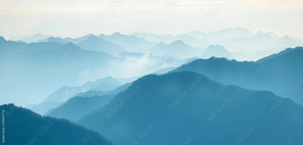 Fototapeta premium Ethereal washes of blues and greens evoke a serene, misty mountain range, art, fantasy