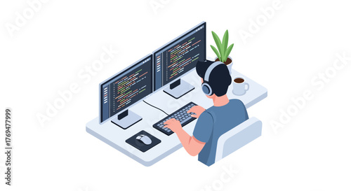 Focused programmer at dual monitors coding with headphones, perfect for tech startup, software development, and modern workspace concepts, originally scalable