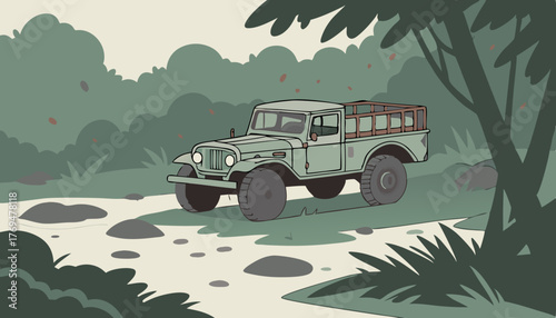 A highly detailed miniature logging truck toy, with weathered paint and rusty accents, is frozen in time as it drives through a shallow, serene body of water, surrounded by lush greenery and scattered