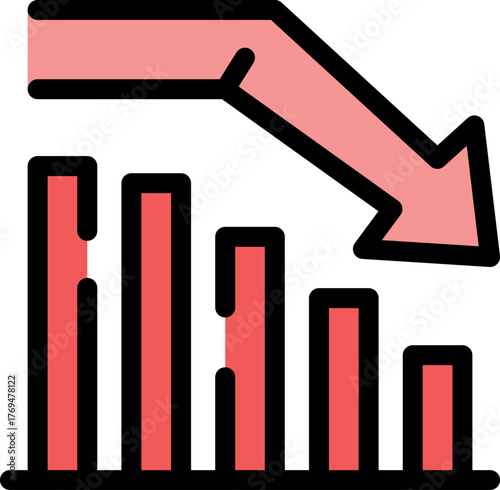 Descending red bar chart with downward arrow indicating decreasing financial or business performance