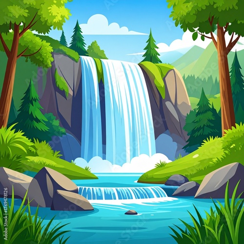 Cartoon Waterfall Landscape in a Lush Green Forest