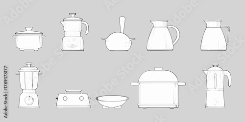 Collection of hand drawn kitchen appliances and cookware outlined on a gray background