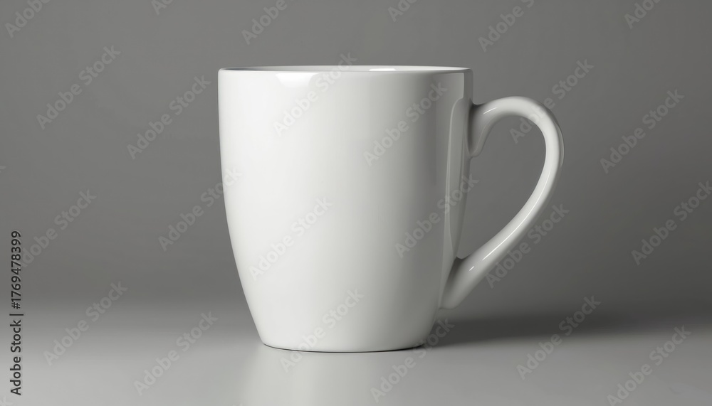 Obraz premium Plain white ceramic mug sits on a light gray surface against a soft gray backdrop. Its simple, clean shape and smooth finish suggest modern design and minimalist style.