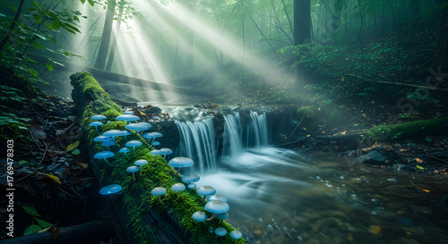 Enchanting forest waterfall with glowing mushrooms on mossy log.