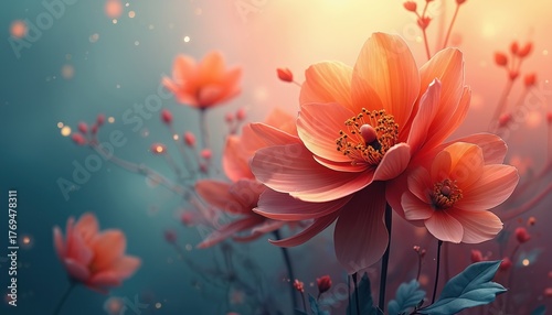 Modern abstract floral illustration features beautiful soft peach colored flowers. Delicate petals, vibrant orange stamens in sharp focus. Ethereal bokeh lights glow brightly against blue, pink