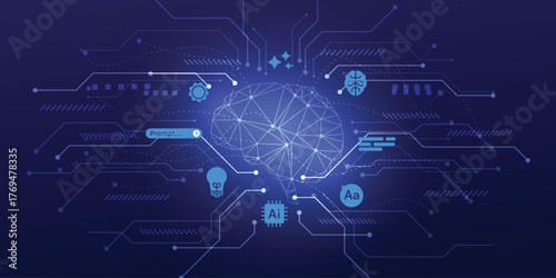 Agentic AI concept with a futuristic glowing brain and prompt interface. Vector illustration of autonomous agent technology and neural networks.