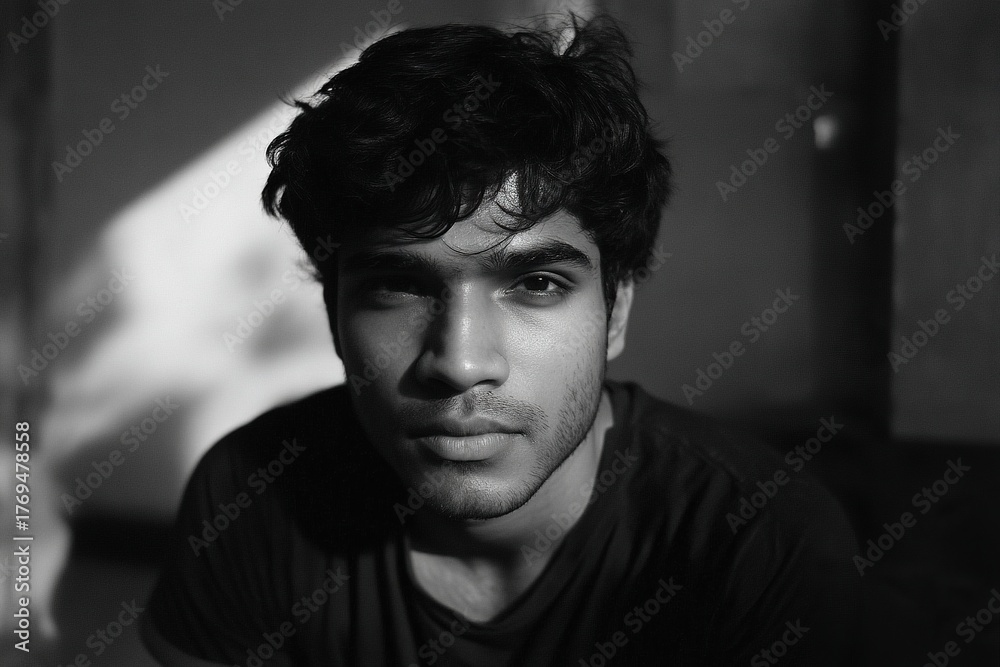 Fototapeta premium A black-and-white portrait, using soft natural light to gently highlight his facial features, emphasizing the simplicity and depth of a monochrome portrait.