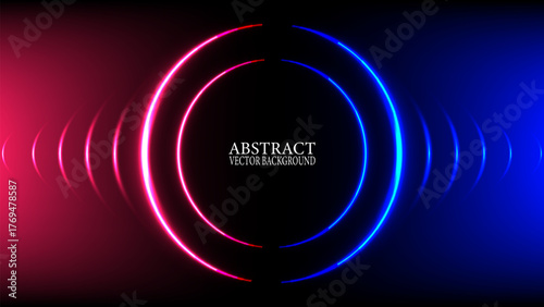 Abstract black background with central dual neon rings glowing in contrasting blue and magenta, with light waves radiating outwards
