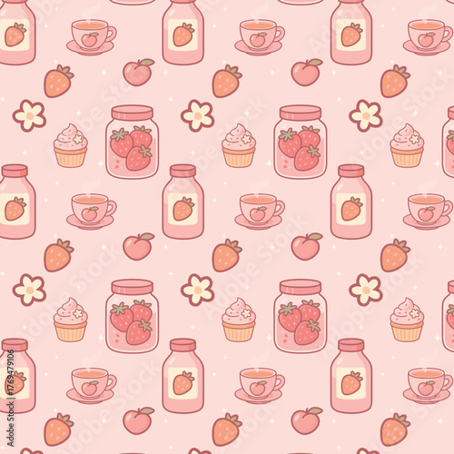 Seamless kawaii strawberry pattern featuring pastel pink teacups, cupcakes, jars, and fruits, creating a soft and cozy aesthetic perfect for cute stationery or fabric design.