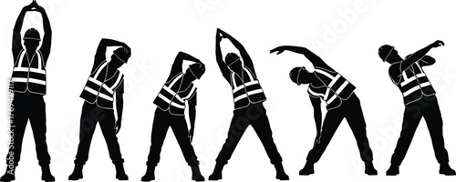 Silhouette vector illustration of workers performing stretching exercises with safety vests, workplace warm‑up, fitness routine, injury prevention, health, and industry
