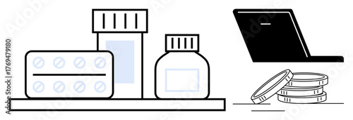 Medicine bottles, pill blister pack, laptop, and coins emphasize healthcare, telemedicine, online payment, pharmacology, medical expenses digital health innovation. Ideal for modern medicine simple