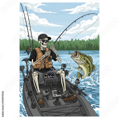 Cool skeleton catching a big bass fish while kayak fishing on a lake in a life vest and shades.