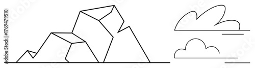 Geometric mountain with sharp edges and two minimal cloud formations separated by horizontal lines. Ideal for nature concepts, geometry, balance, tranquility, minimalism, creativity, and abstract