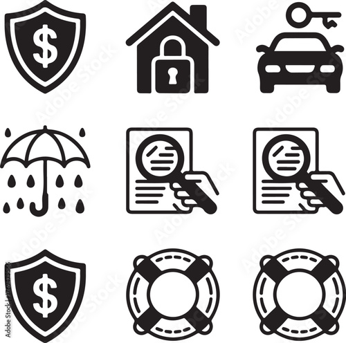 Nine Detailed Insurance Icons with Transparent Background collection symbol