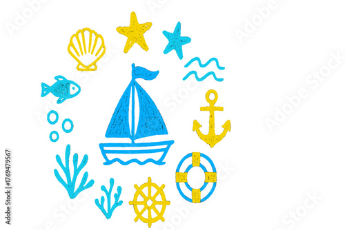 Colorful nautical theme design featuring a sailboat, anchor, sea creatures, and marine symbols in bright blue and yellow tones