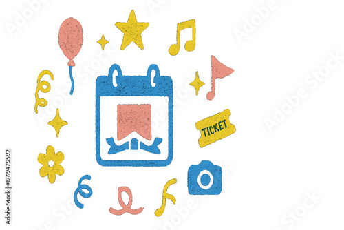 Decorative elements for event planning featuring ticket, calendar, and party icons in bright colors