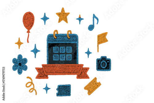 Creative design featuring colorful icons related to events, celebrations, and planning