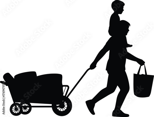 Vector silhouette illustration of person walking with child on shoulders and pulling cart for caregiving concept, travel theme, and lifestyle design