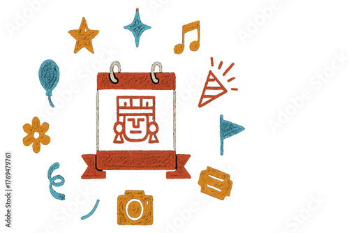 Calendar illustration featuring festive symbols and a joyful celebration theme with colorful elements