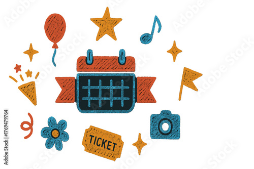 Colorful festival icons representing celebration, event planning, and fun activities in a cheerful design