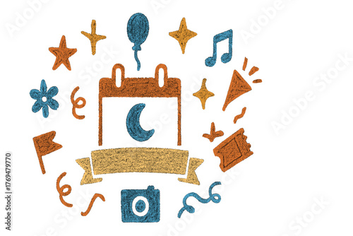 Creative calendar design featuring colorful doodles representing various events and celebrations throughout the year