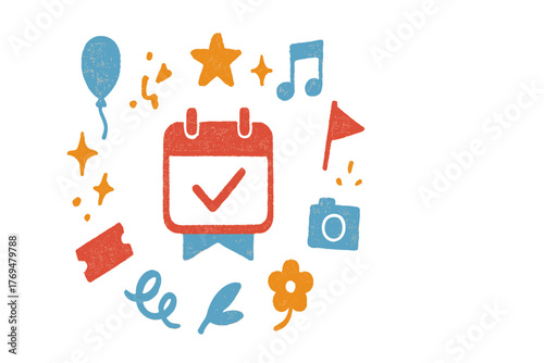 Creative design of event planning symbols with a calendar, music notes, and festive icons on a white background