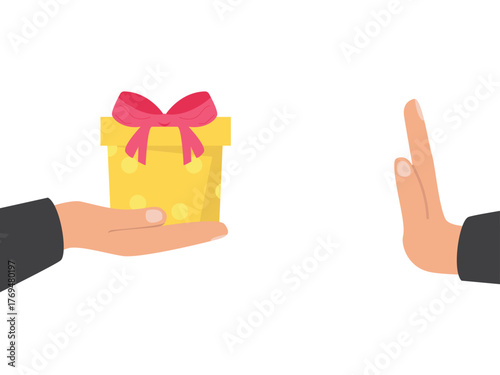 People hand refuses to receive the gift or present box from other people. Hand Refusing Bribe Gift. Hand rejecting proposal with gift box. Vector illustration