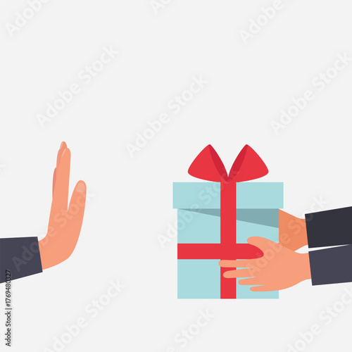 People hand refuses to receive the gift or present box from other people. Hand Refusing Bribe Gift. Hand rejecting proposal with gift box. Vector illustration