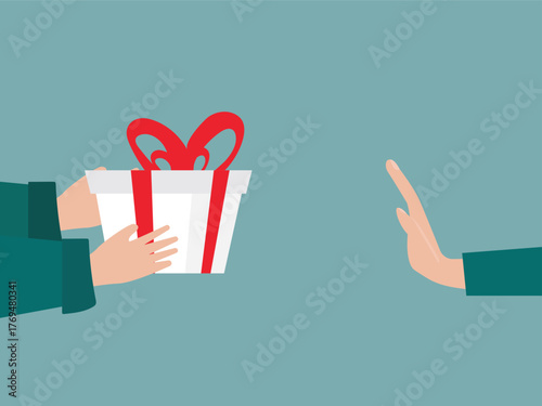 People hand refuses to receive the gift or present box from other people. Hand Refusing Bribe Gift. Hand rejecting proposal with gift box. Vector illustration