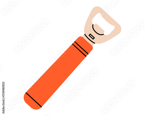 Hand drawn cute illustration of bottle opener. Flat vector beverage cap remover with wooden handle sticker doodle. Party or festival concept icon. Cheers at celebration event. Isolated.