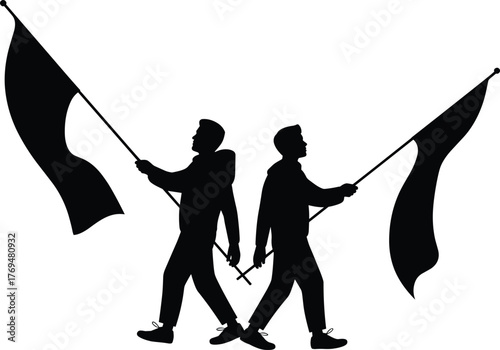 Vector silhouette illustration of two people walking with flags in opposite directions for movement concept, symbolic design, and protest theme layout