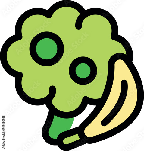 Cartoon broccoli and banana representing ingredients for making healthy green smoothie