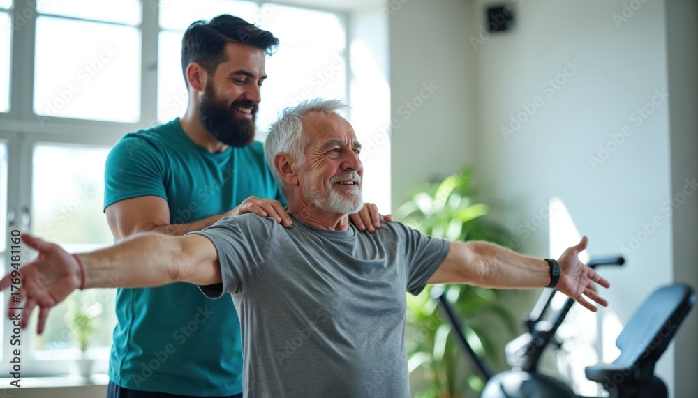 Fototapeta premium Young man helps older man stretch shoulders in gym. Trainer guides senior patient doing arm exercise for better mobility. Active lifestyle for elderly.