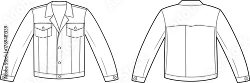 Classic denim trucker jacket fashion flat sketch with button front chest flap pockets long sleeves and back yoke design
