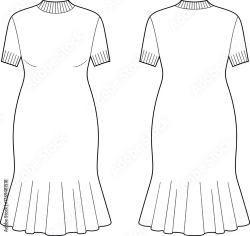 Elegant women’s midi dress technical flat sketch with ribbed collar and sleeves, flared hem design, fashion vector sewing pattern
