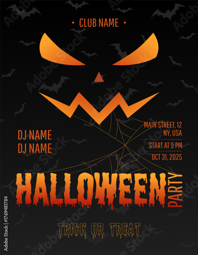 Halloween party poster with spooky pumpkin face and event details